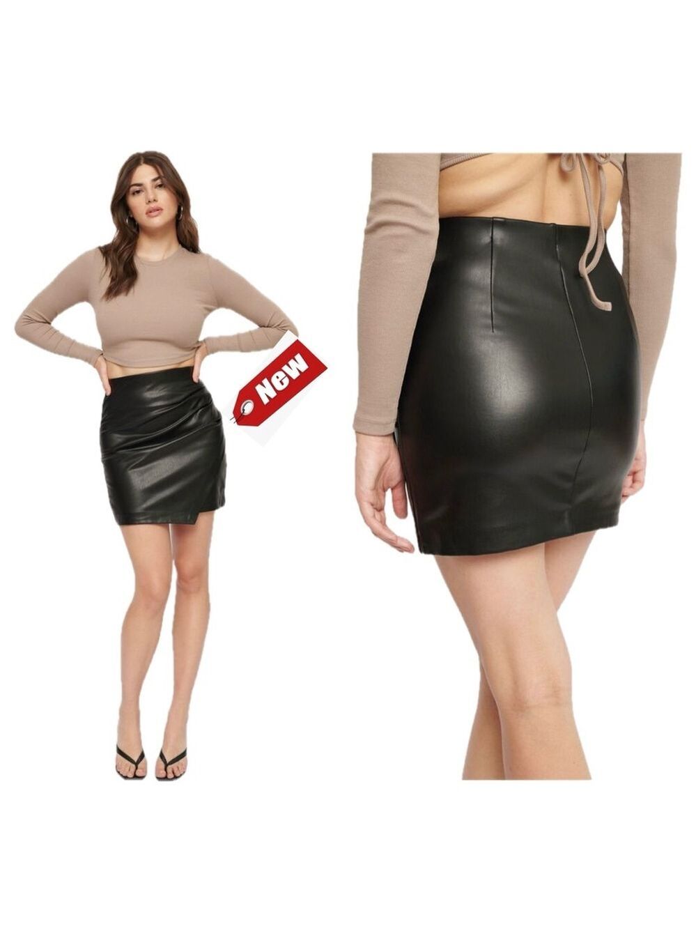 Dynamite Calvin Black Faux Leather ruched mini Skirt Sz M NWT